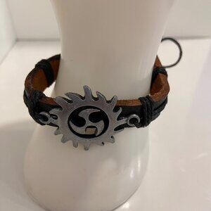 Handmade Leather & Cord Bracelet With Metal Tribal Sun Pendant Adjustable F